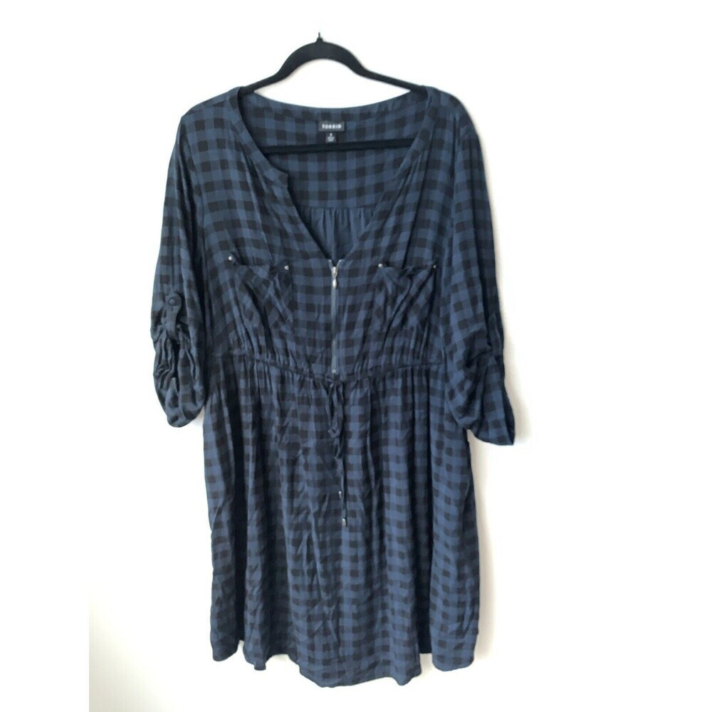 Torrid Womens Shirt Dress Blue Plaid Challis Drawstring Long Tab Sleeve Size 1X